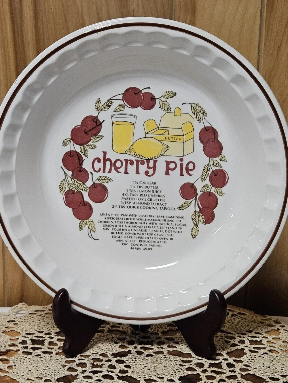 Vintage Hankook Korea Ceramic Deep Dish Cherry Pie Plate With Printed Recipe